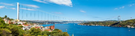 bridge on Bosphorus connecting the european waterside of Istanbul with the asian waterside on background of blue skyの写真素材