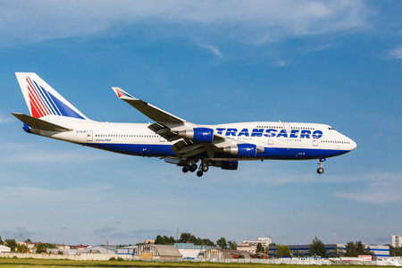 VNUKOVO, MOSCOW REGION, RUSSIA - 02 July, 2013: Airplanes at Vnukovo international airport. Transaero Airlines Boeing 747 landed on runwayのeditorial素材