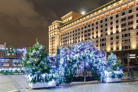 Decorations for New Year and architecture of Moscow. Tverskaya street and Manezhnaya Squareの写真素材