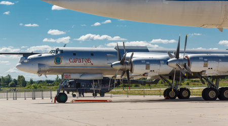 KUBINKA, RUSSIA - JUN 18, 2015: The Tupolev Tu-95 is a Russian four-engine turboprop-powered strategic bomber and missile platform at the International military-technical forum ARMY-2015 at the Kubinka air baseのeditorial素材