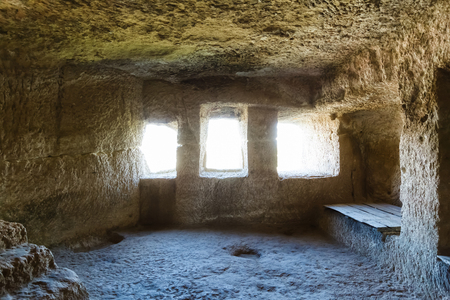 Medieval cave city-fortress Chufut-Kale in the mountains, Bakhchisaray, Crimea.の写真素材