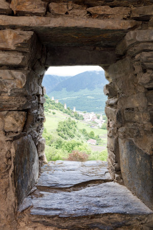 Svan towers through the tower window - UNESCO World Heritage Site. Georgia, Europe.の写真素材