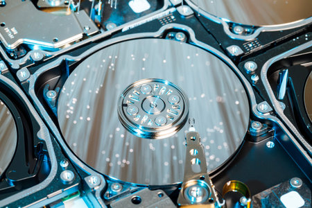 Server hard disks, illuminated optical fiber with blurred lights.