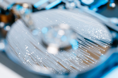 Server hard disks, illuminated optical fiber with blurred lights.
