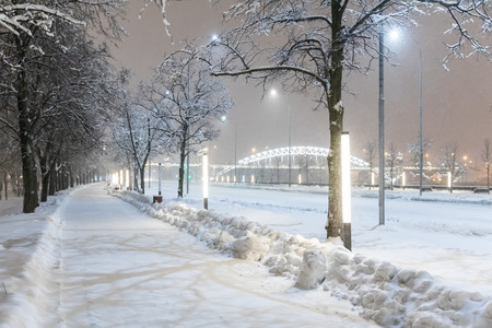 Heavy snowfall in Moscow. Night view of parks and avenues during a snowfall. Collapse of public services.の写真素材