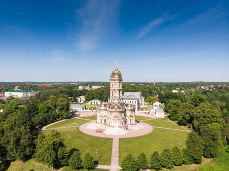 top view of Church of Sign of Blessed Virgin in Dubrovitsy Znamenskaya church . Stone carving. Sculpture. Dubrovitsy manor.の写真素材