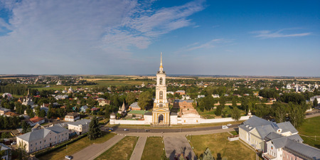 Beautiful panoramic view of Suzdal in summer at sunrise. bell tower and Rizopolozhensky Monastery in Suzdal.の写真素材