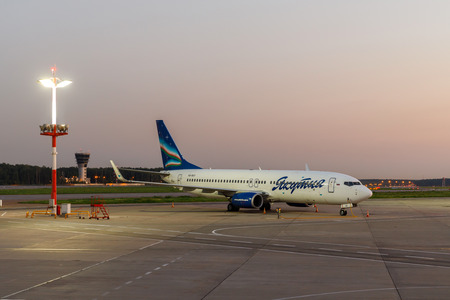 MOSCOW, RUSSIA - August 1th 2018: : Panoramic view of Terminal A of Vnukovo International Airport and and Boeing 737 of Yakutia Airlines.のeditorial素材