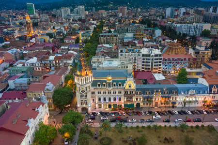 Panoramic view of Batumi and Astronomical clock, Georgia. Twilight over the old city and Downtown of...