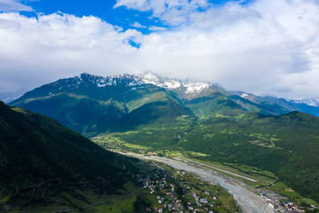 Panoramic view of Svan Towers in Mestia, Svaneti region, Georgia. It is a highland townlet in the...