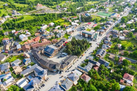 Panoramic view of Svan Towers in Mestia, Svaneti region, Georgia. It is a highland townlet in the northwest of Georgia, at an elevation of 1500 meters in the Caucasus Mountains.の写真素材