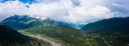 Panoramic view of Svan Towers in Mestia, Svaneti region, Georgia. It is a highland townlet in the northwest of Georgia, at an elevation of 1500 meters in the Caucasus Mountains.の写真素材