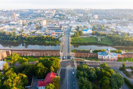 The view on Smolensk, Church of the Smolensk Icon of the Mother of God or the Dnieper Gate and Dnieper river and the embankment in summer in Russia.の写真素材