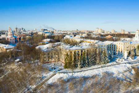 Kirov and the high bank of the river Vyatka and the Alexander Grin Embankment and Trifonov Monastery...
