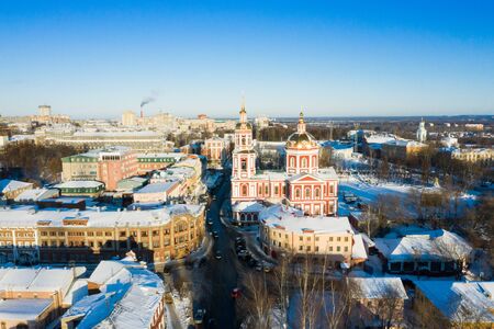 Kirov and the high bank of the river Vyatka and the Spassky Cathedral on a sunny winter day.の写真素材
