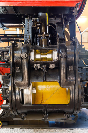device piston and spool in steam train, detail of mechanism a vintage russian steam train...