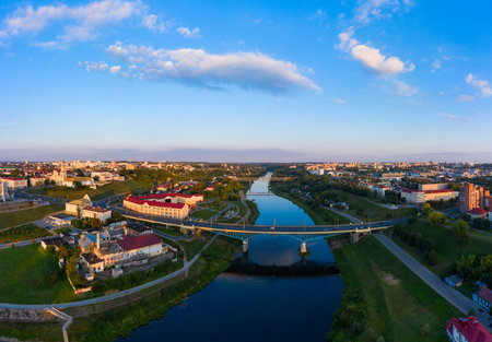 Panoramic view of the city of Grodno, the embankment, the Neman river and the old city. Autumn...