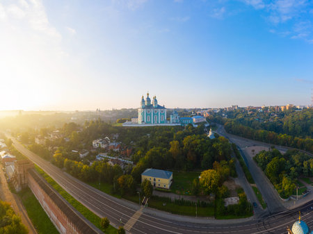 Aerial view of Uspenskiy Cathedral in Smolensk, Early summer morning and fog over the city in the...