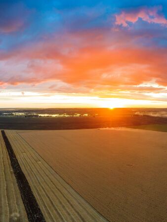 Combine harvester harvests wheat in the field at sunset in autumn in Russia. view from a height of equipment and field.の写真素材
