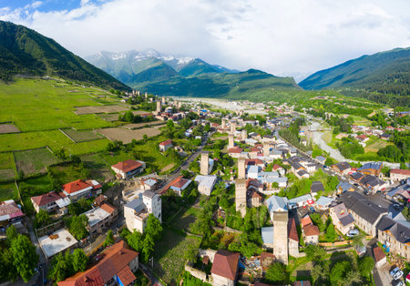 Panoramic view of Svan Towers in Mestia, Svaneti region, Georgia. It is a highland townlet in the...