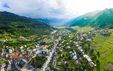 Panoramic view of Svan Towers in Mestia, Svaneti region, Georgia. It is a highland townlet in the northwest of Georgia, at an elevation of 1500 meters in the Caucasus Mountains.の写真素材