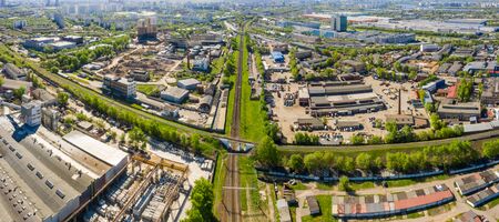 Aerial top view of road junction in Moscow from above, automobile traffic in the Moscow industrial zone near the automobile ring highway.の写真素材