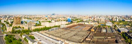 Aerial top view of road junction in Moscow from above, automobile traffic in the Moscow industrial zone near the automobile ring highway.の写真素材
