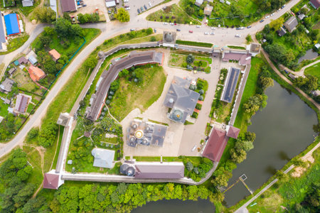 Aerial view on the Cathedral of the Nativity in Pafnutie monastery in Borovsk. Orthodox monastery on...