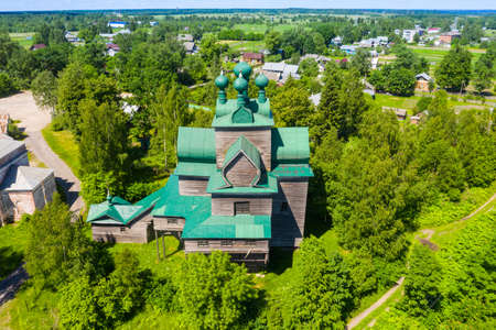Beautiful Orthodox wooden church of the Assumption of the Blessed Virgin Mary in the city of Cherepovets in the Vologda region.の写真素材