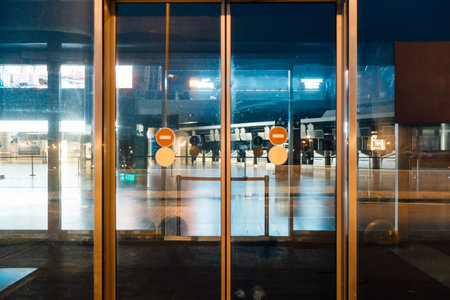 isolation mode in Moscow, Covid pandemic and night view of the empty terminal of the International...
