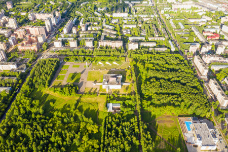 Panorama of the Kirov city and pioneer palace in Leninsky district in the central part of the city of Kirov on a summer day against the backdrop of thunderstorms and storms.の写真素材