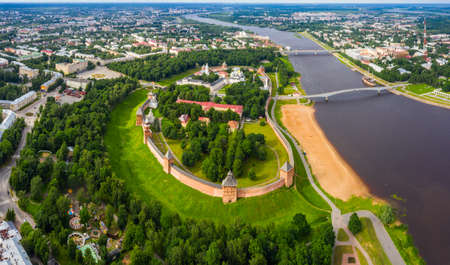 View of the beautiful ancient Veliky Novgorod, the old part of the city and the Kremlin in summer from a height.の写真素材