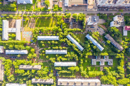 Panorama of the Kirov city and Leninsky district in the central part of the city of Kirov on a summer day from above. Russia from the drone.の写真素材