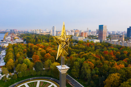 An aerial view shows a star with hummer and sickle on top of North River Terminal or Rechnoy Vokzal in Moscow, Russia on September 26, 2020のeditorial素材