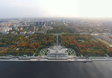 An aerial view shows on top of North River Terminal or Rechnoy Vokzal in Moscow, early September morning.の写真素材