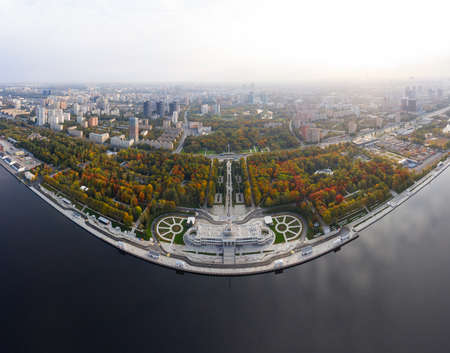 An aerial view shows on top of North River Terminal or Rechnoy Vokzal in Moscow, early September morning.の写真素材
