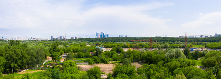 Panoramic view of Moscow on a sunny day, Russia. Picturesque region in the north-west of Moscow city. Terekhovo metro station siteの写真素材