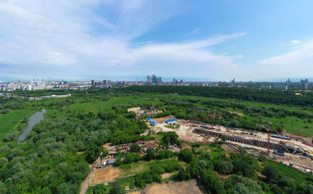 Panoramic view of Moscow on a sunny day, Russia. Picturesque region in the north-west of Moscow city. Terekhovo metro station siteの写真素材