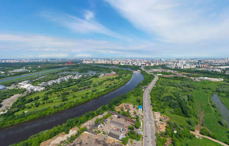 Panoramic view of Moscow on a sunny day, Russia. Picturesque region in the north-west of Moscow city. Terekhovo metro station siteの写真素材