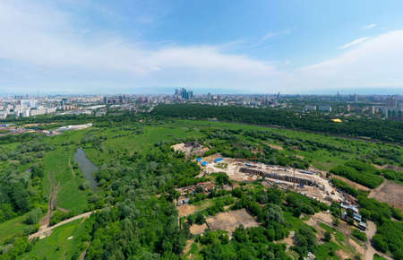 Panoramic view of Moscow on a sunny day, Russia. Picturesque region in the north-west of Moscow city. Terekhovo metro station siteの写真素材