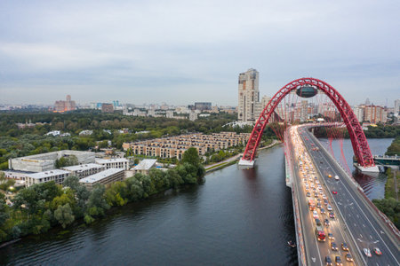 Panoramic view of Moscow on a summer evening, Russia. Picturesque region in the north-west of Moscow city. Zhivopisny bridge across the Moscow riverの写真素材