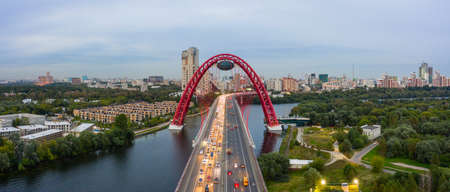 Panoramic view of Moscow on a summer evening, Russia. Picturesque region in the north-west of Moscow city. Zhivopisny bridge across the Moscow riverの写真素材
