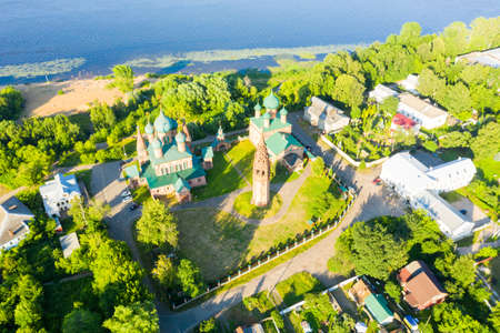 panorama of Yaroslavl from a height and bell tower Church of St. John Chrysostom (Yaroslavl) against the blue sky in summerの写真素材