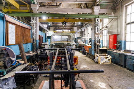 Old Soviet lathe, machine tool equipment. Locksmith shop in the railway depotの写真素材
