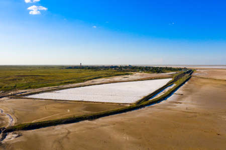 Beautiful view, wildlife and industrial landscape at Salt lake Baskunchak, Astrakhan region Russiaの写真素材