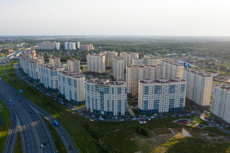 New residential areas and new buildings in Moscow. Aerial view of the area near the Vnukovo landfillの写真素材