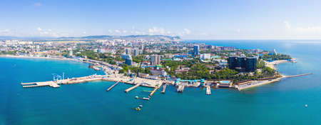 Wonderful panorama of the city of the resort of Anapa and the beaches in the city limits, a view from a drone from the seaの写真素材