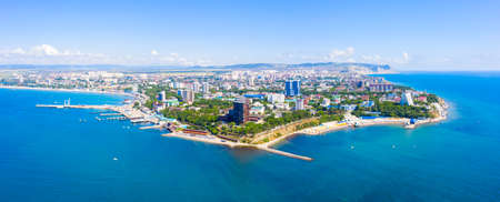 Wonderful panorama of the city of the resort of Anapa and the beaches in the city limits, a view from a drone from the seaの写真素材