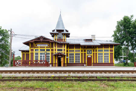 Railway station in Kuzhenkino, a historic wooden station building built in 1907. Tver region Russiaの写真素材