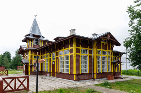 Railway station in Kuzhenkino, a historic wooden station building built in 1907. Tver region Russiaの写真素材